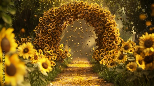 Sunflower archway over path in garden with sunlight and bokeh effect.