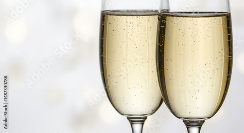 Two champagne glasses filled with bubbly drink against a light background, copy space  