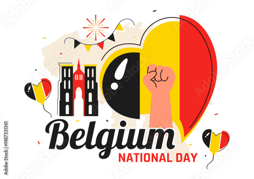 Happy Belgium Independence Day Vector Illustration on July 21, Featuring the National Celebration with a Waving Belgian Flag and Festive Ribbon