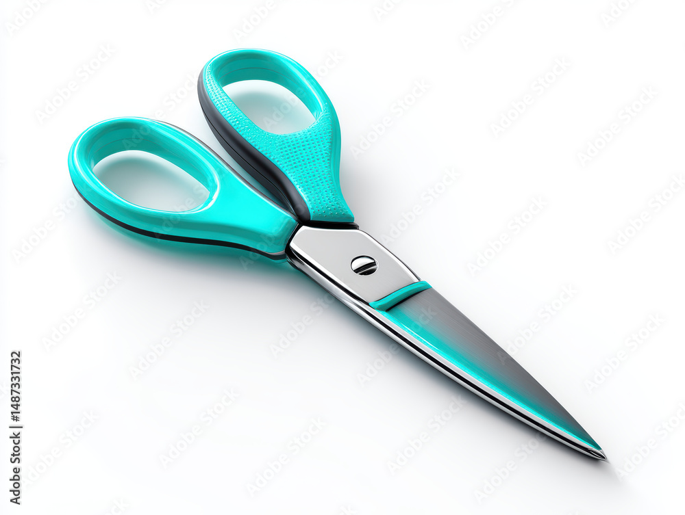 Pair of scissors with ergonomic handles in turquoise and black, featuring sleek metallic blade, placed on white background, highlighting modern design and functionality Pair of scissors with ergonomic handles in turquoise and black, featuring sleek metallic blade, placed on white background, highlighting modern design and functionality