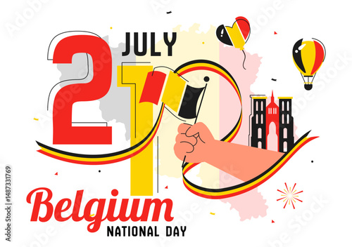 Happy Belgium Independence Day Vector Illustration on July 21, Featuring the National Celebration with a Waving Belgian Flag and Festive Ribbon