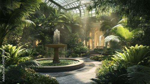 Indoor garden with a fountain surrounded by lush green plants and sunlight.