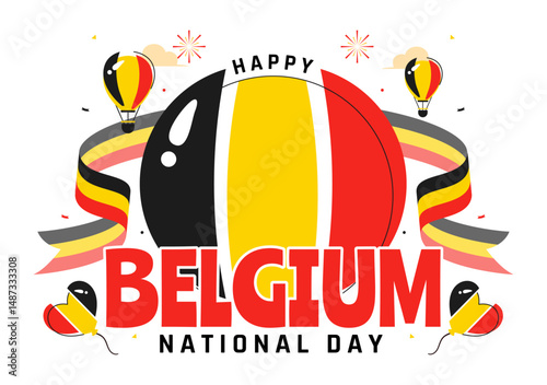 Happy Belgium Independence Day Vector Illustration on July 21, Featuring the National Celebration with a Waving Belgian Flag and Festive Ribbon