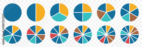 Pie chart set. Colorful diagram collection with 2,3,4,5,6 sections or steps. Circle icons for infographic, UI, web design, business presentation. Vector illustration. EPS 10.