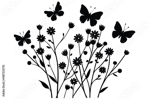 Black butterflies flutter above stylized flowers in an attractive botanical silhouette arrangement
