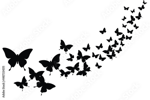 Black butterfly silhouettes fluttering gracefully in formation create a visually appealing, minimalist design