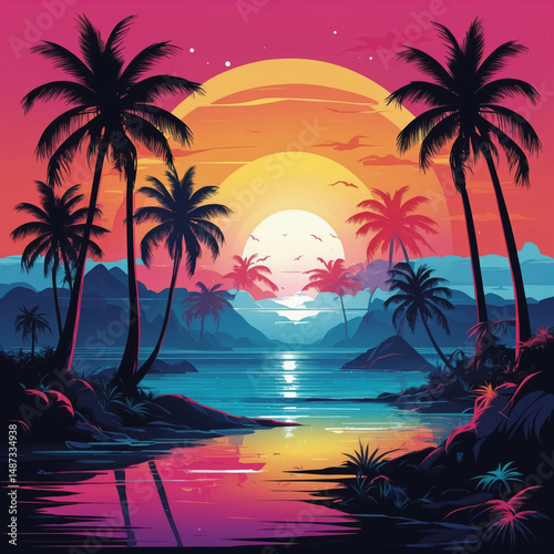 A picturesque sunset illuminates a tropical paradise, painting the sky with vibrant hues.