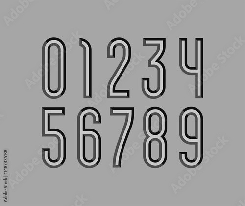 3d metallic numbers set from chiseled block, trendy slim numerals sans serif, modern beveled numbers with effect of silver, vector illustration 10eps.