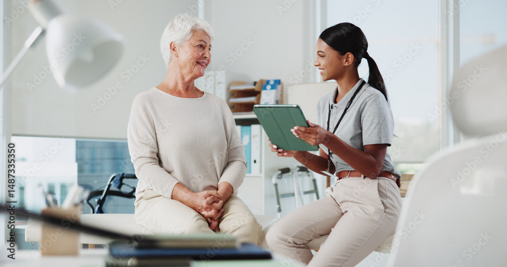 © BuyOutFelix02/peopleimages.com - Tablet, doctor and consulting with old woman in office for patient records, insurance and physiotherapy plan. Healthcare, rehabilitation and medical help with people in clinic for advice and results