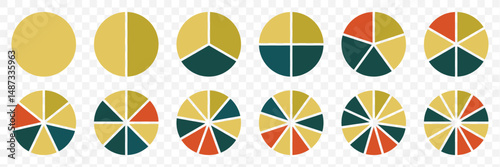 Pie chart set Circle pie chart diagram. Circle icons for infographic. Colorful diagram collection with 2,3,4,5,6,7,8,9,10,11,12 sections or steps. Flat process cycle. Progress sectors.