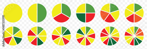 Pie chart set Circle pie chart diagram. Circle icons for infographic. Colorful diagram collection with 2,3,4,5,6,7,8,9,10,11,12 sections or steps. Flat process cycle. Progress sectors.