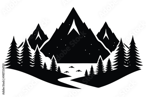 Black mountains with snow under the starlight and river flow between silhouette pine trees
