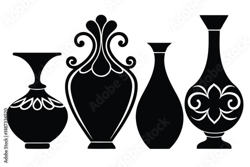 Black silhouette displays four decorative vases with intricate ornate designs on a white background