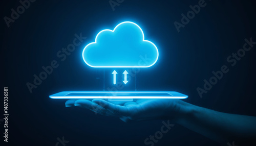 A glowing cloud icon with upload and download arrows hovering above a digital tablet held in a hand, symbolizing cloud computing, data storage, and technology innovation.
