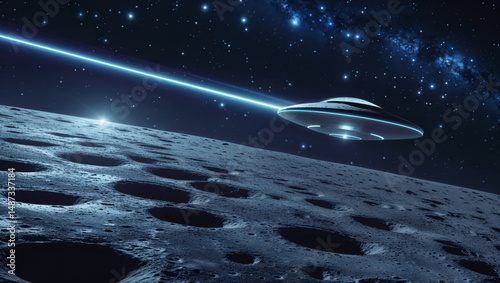 A futuristic ufo soars over the moon's surface, casting a brilliant blue beam through space.