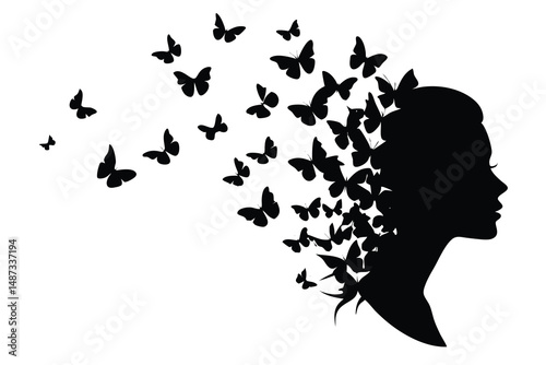 Black silhouette of a woman's head transforms into fluttering butterflies, creating a mystical effect