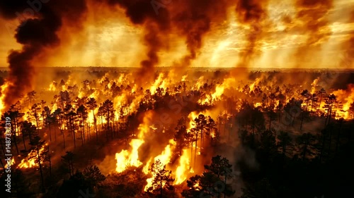 Intense Forest Fire Spreading Through Dense Woodland Area