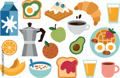 Breakfast food, morning mea,l healthy eatin,g fresh organic icons set