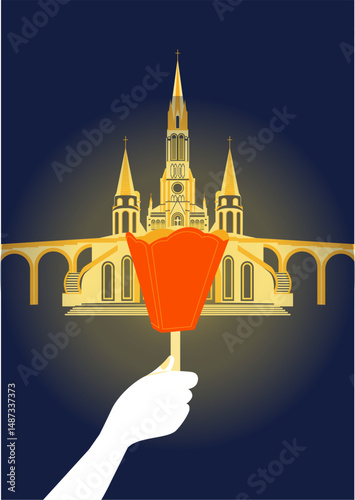 Vector Illustration of Torch in Front of Cathedral – Modern Religious Landmark Concept