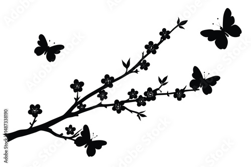 Black silhouettes of butterflies flutter gently around a flowering branch image