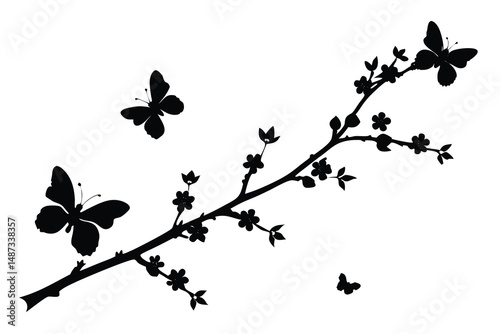 Branch adorned with blossoms and hovering butterflies presents a captivating silhouette against the stark white backdrop