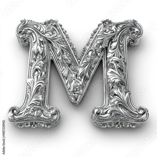 Ornate Silver Letter M: A 3D Render of an Elegant Capital Letter