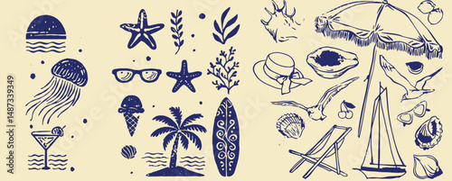 Hand drawn summer illustration set. Italian dolce vita. Minimalist line art. Palm tree, lemon, cocktails sun and sea, seashells in doodle sketch style. Drawing ink. Concept vacation ocean and travel