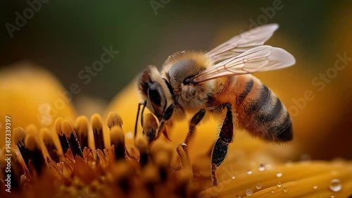 A close-up shot of a honeybee collecting nectar from a vibrant yellow flower, showcasing intricate details of its wings and legs.