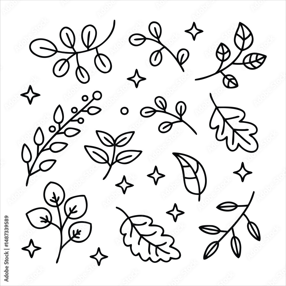 Obraz premium Leaf Swirl and Sparkle Icons with Natural Hand-Drawn Style