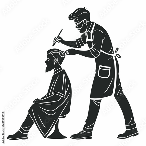 Barber cutting hair of a customer silhouette black and white vector illustration
