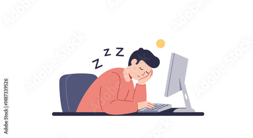 Young man sleeping at desk with computer during daytime  