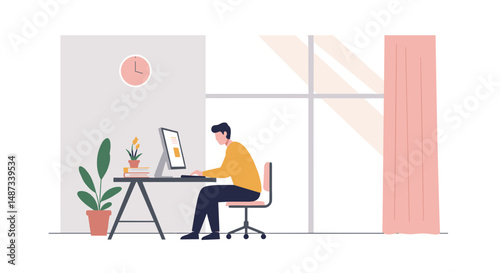 Young man working at a desk by the window in a bright room  