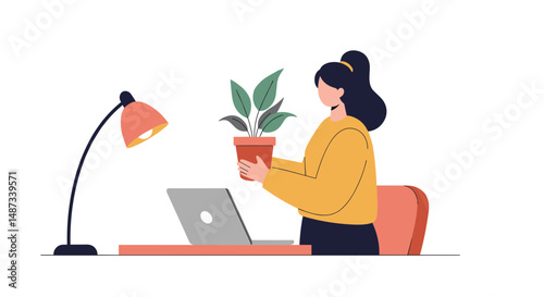 Young woman holding potted plant while sitting at desk with laptop, remote work, work from home