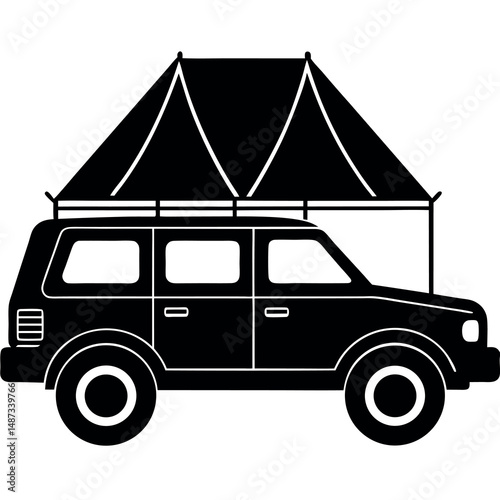 Off-Road SUV Silhouette with Camping Tent – Side View Vector on White