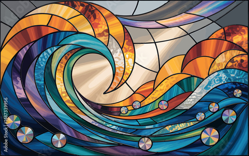 Colorful Abstract Mosaic Wavy Sunset Landscape Design