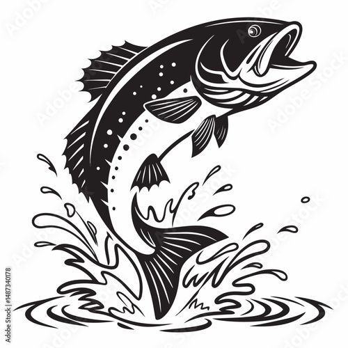 Black and white leaping trout fish icon with water splashes illustration