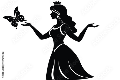 Crowned woman gently invites a butterfly onto her hand, creating a magical moment