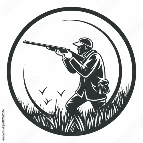 Silhouette hunter aiming rifle in grass circle emblem wildlife hunting