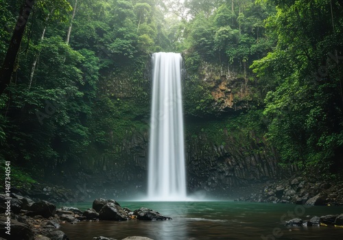 Majestic Waterfall Surrounded by Lush Green Forest and Misty Atmosphere in Tropical Paradise Nature Landscape