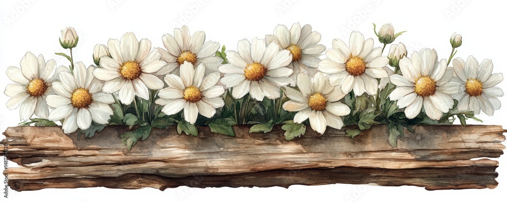 Fototapeta premium White Daisies on Rustic Wood Nature's Simple Beauty