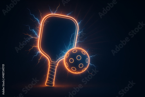 Futuristic Neon Pickleball Paddle and Ball with Electric Lightning Effects on Dark Background