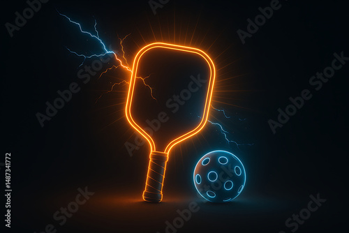 Glowing Neon Pickleball Paddle and Ball with Electric Lightning on Dark Futuristic Background