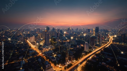 Wallpaper Mural Expansive Cityscape at Dusk with Network Connections Symbolizing Technology and Modern Infrastructure Innovations Torontodigital.ca