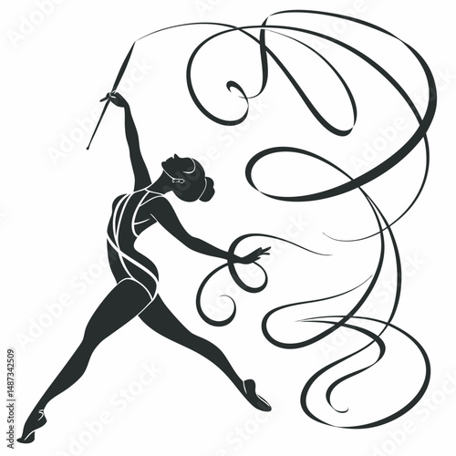Gymnastics ribbon performance graceful silhouette rhythmic gymnastics arts black and white vector