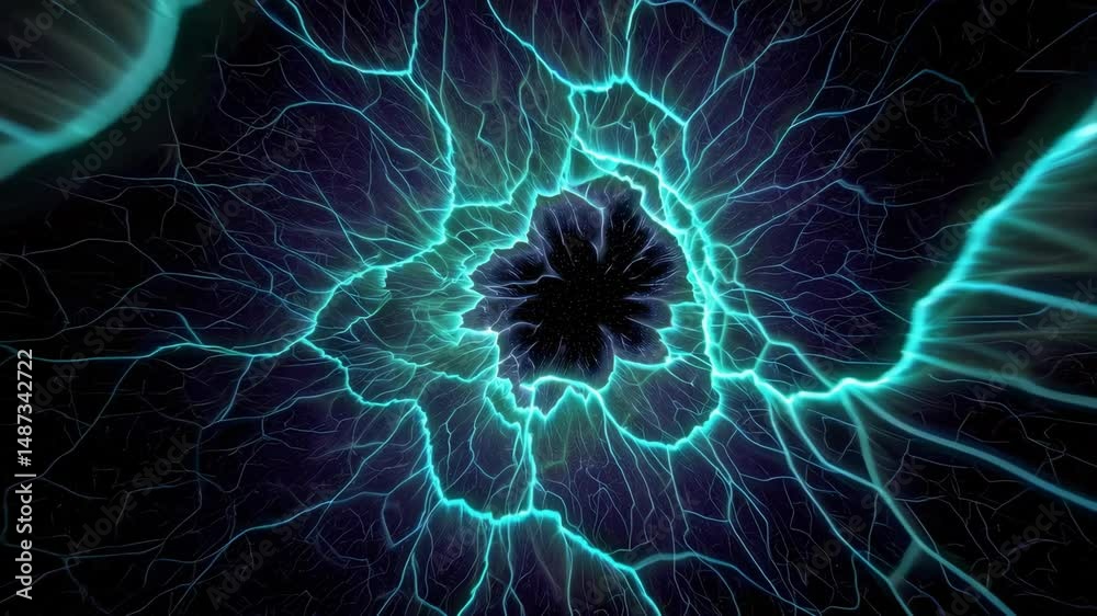 Intricate teal lightning fractal pattern forming a mesmerizing tunnel, concept for science fiction backgrounds and digital art