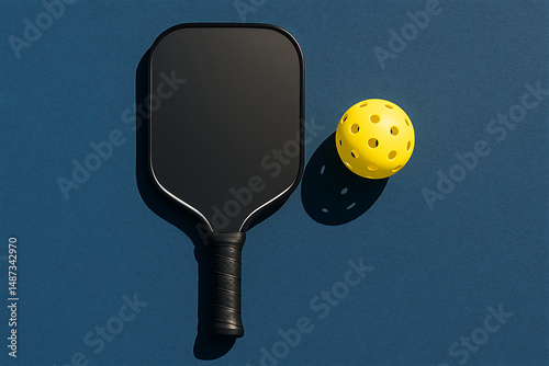 Top View of White Pickleball Paddle and Yellow Ball on Blue Court with Shadows