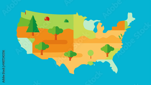 USA Map with Beach, Forest, and Desert Icons  