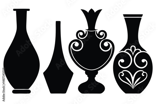 Four black vases present unique artistic styles on a white background