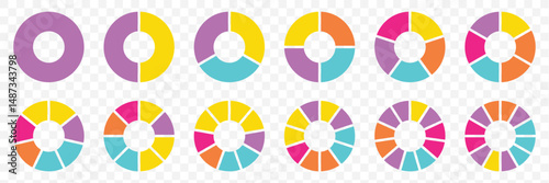 Pie chart set, segmented circle icons, circle diagram. Pie chart divided 1,2,3,4,5,6 equal parts. Color pizza or donut round diagram. Infographic wheel segment or sections parts on Transparent. EPS 10