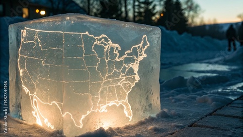 Ice Carved Map of USA with Light Reflections  